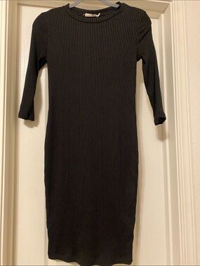 Women's Black Ribbed Midi Dress with Long Sleeves